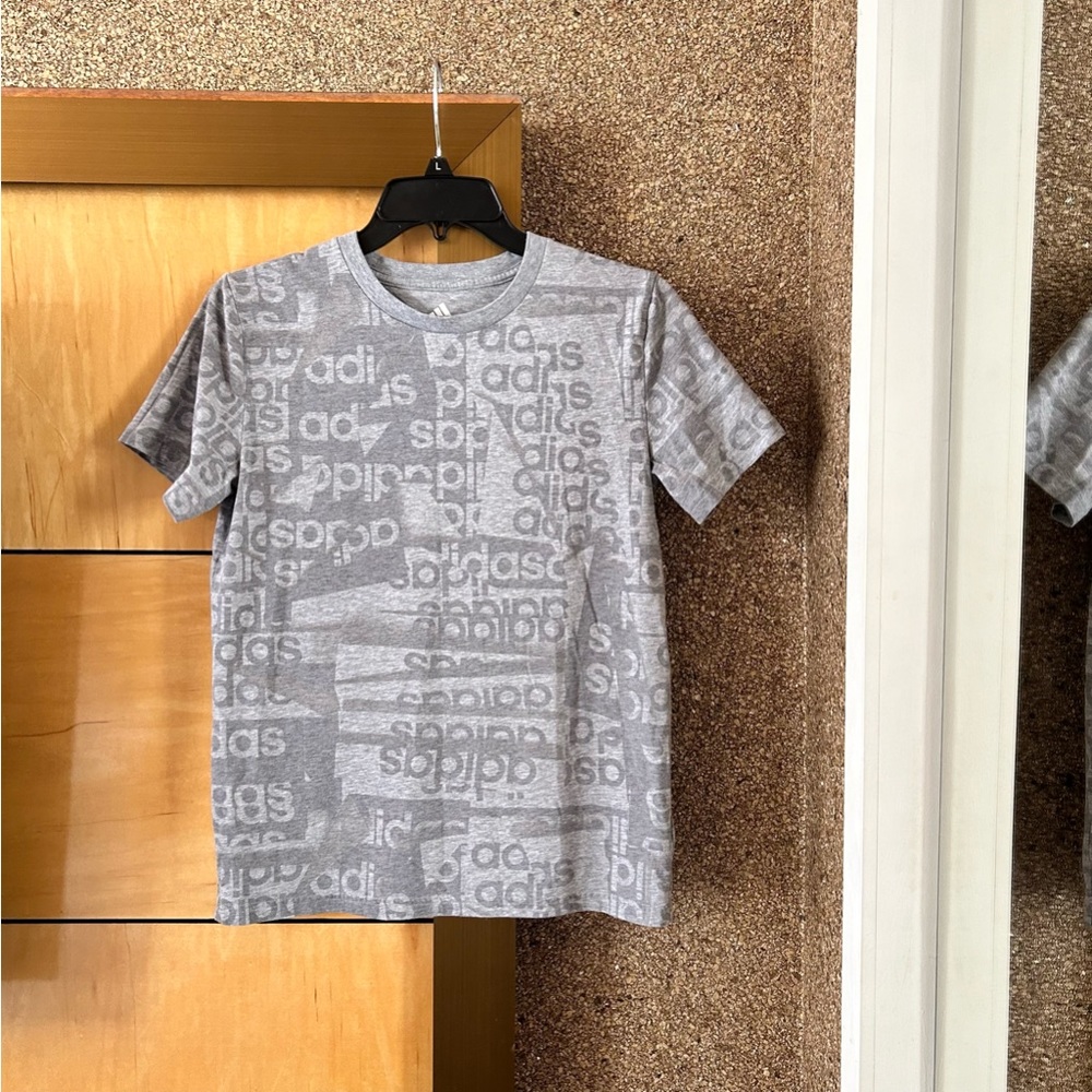 Adidas boys gray short sleeve with brand logo